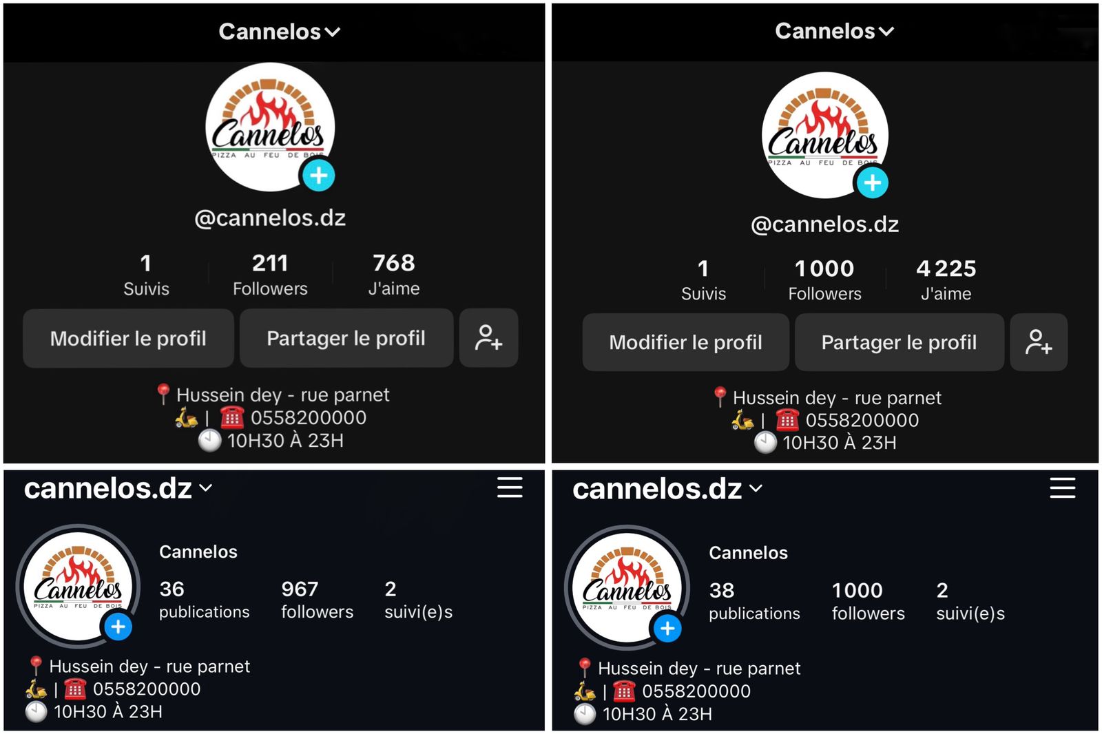 {"fr":"The image shows four different social media feeds on a black background. The first feed displays the name \"Cannelos\" in white letters with a blue logo at the top. The second feed has a white logo and is titled \"Cannelos\". The third feed also has a white logo, but it's titled \"Cannelos\". The fourth feed has a black background and features a white logo for \"Cannelos\" along with various social media icons such as \"1\", \"2\", \"3\", \"4\", \"5\", and \"6\" — resultat organique","en":"The image shows four different social media feeds on a black background. The first feed displays the name \"Cannelos\" in white letters with a blue logo at the top. The second feed has a white logo and is titled \"Cannelos\". The third feed also has a white logo, but it's titled \"Cannelos\". The fourth feed has a black background and features a white logo for \"Cannelos\" along with various social media icons such as \"1\", \"2\", \"3\", \"4\", \"5\", and \"6\" — resultat organique","ar":"The image shows four different social media feeds on a black background. The first feed displays the name \"Cannelos\" in white letters with a blue logo at the top. The second feed has a white logo and is titled \"Cannelos\". The third feed also has a white logo, but it's titled \"Cannelos\". The fourth feed has a black background and features a white logo for \"Cannelos\" along with various social media icons such as \"1\", \"2\", \"3\", \"4\", \"5\", and \"6\" — resultat organique"}